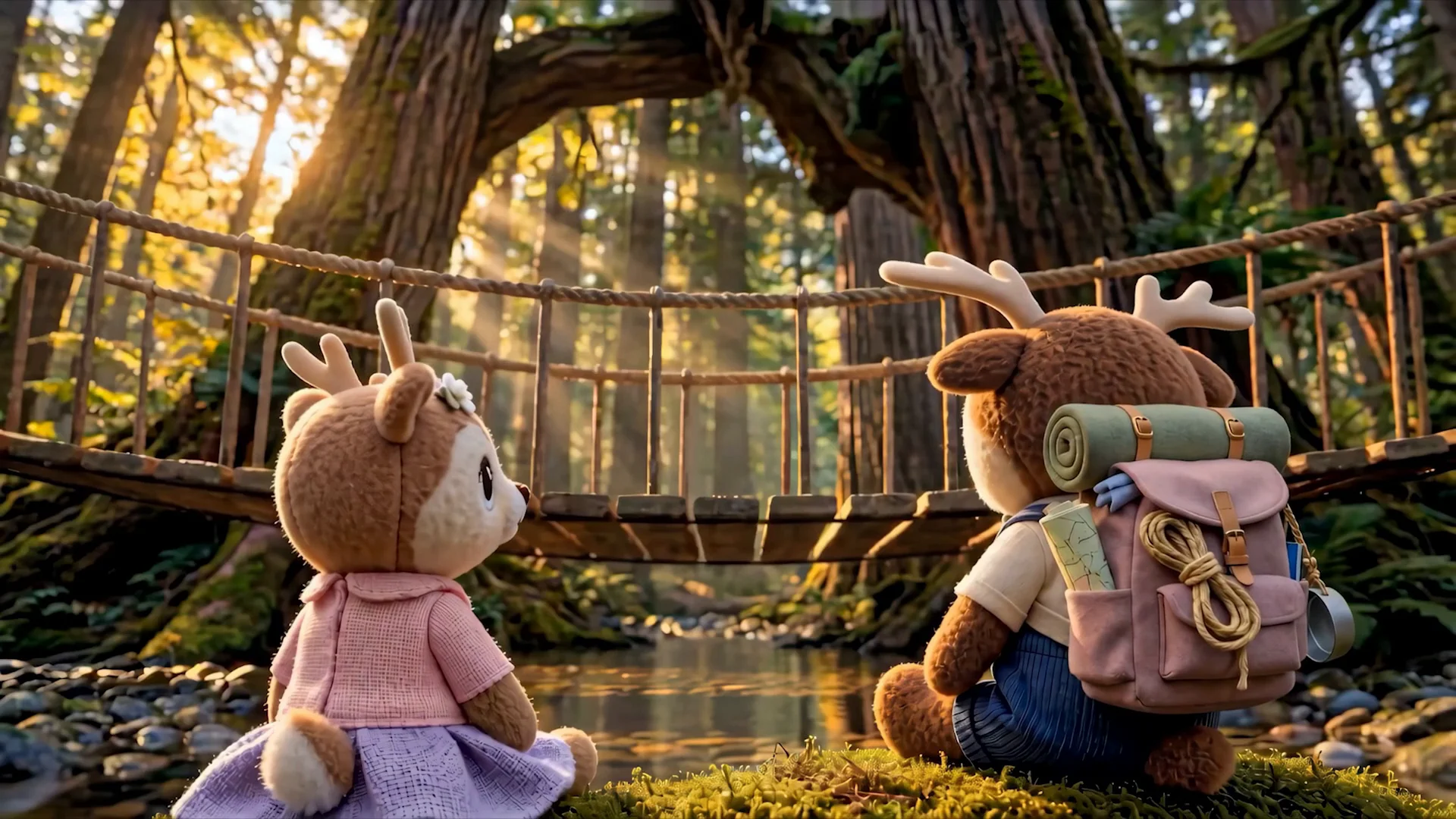 Juniper and Ollie face a rope bridge.